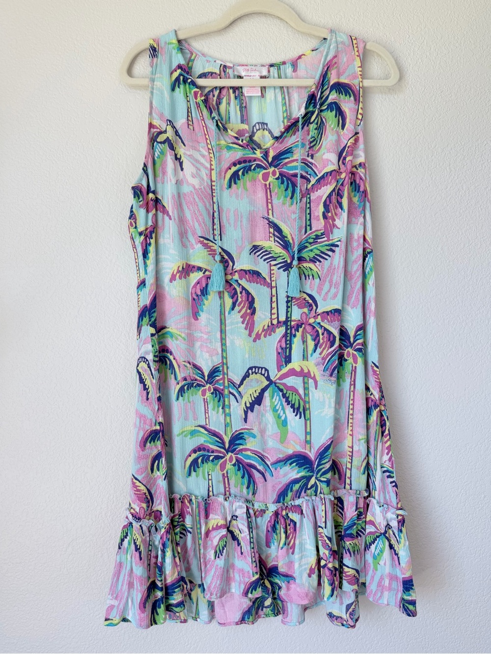 Stella Parker Palm Print Tassel Tie Rayon Ruffle Midi Dress Tropical M